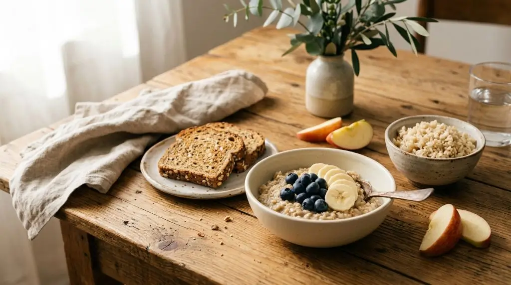 Carbohydrates for energy shown through oatmeal, whole-grain toast, brown rice, banana, and fresh apple slices.