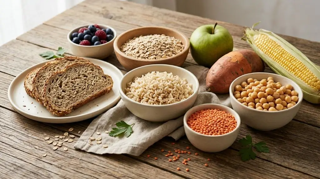 Healthy carbohydrate foods including oats, brown rice, lentils, chickpeas, whole-grain bread, berries, and sweet potato.