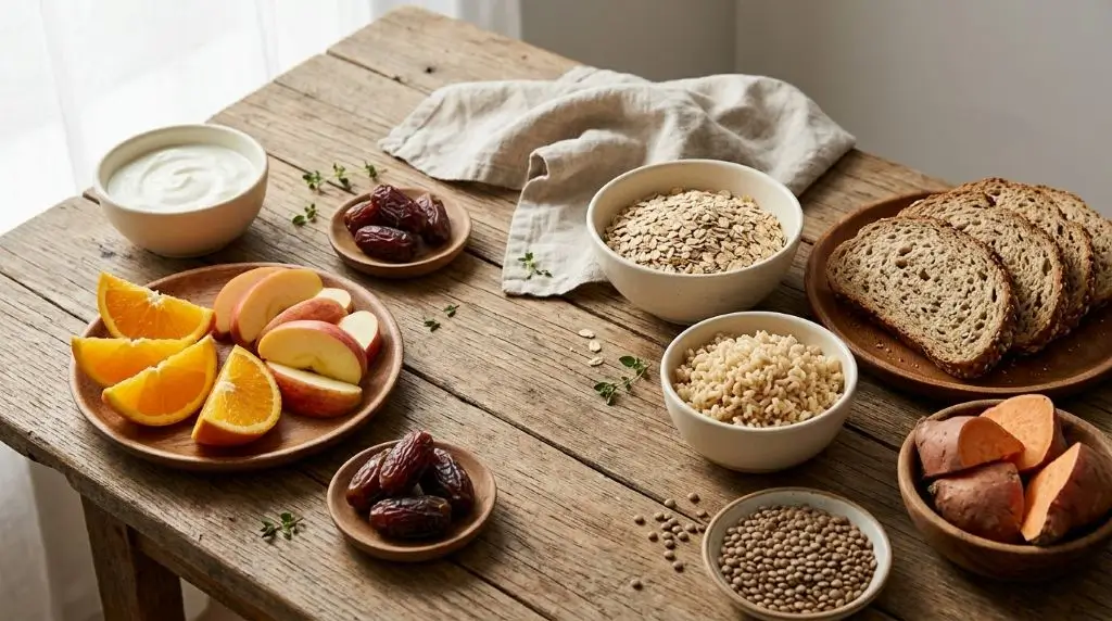 Types of carbohydrates illustrated with fruit, oats, whole-grain bread, lentils, chickpeas, and broccoli.