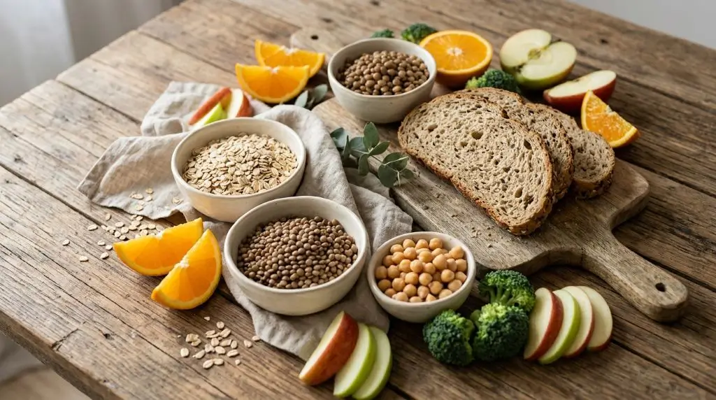 Types of carbohydrates illustrated with fruit, oats, whole-grain bread, lentils, chickpeas, and broccoli.