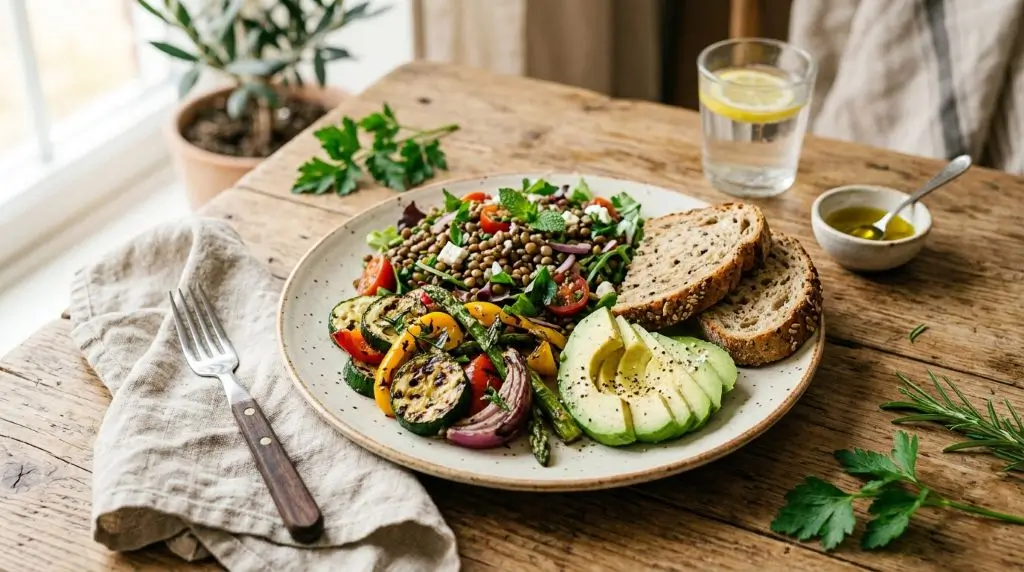 what does fiber do for your body balanced plate of lentils vegetables and whole grains