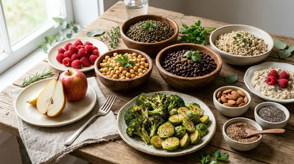 What food has dietary fiber? Lentils, beans, fruit, vegetables, whole grains, nuts and seeds are practical high-fiber choices.