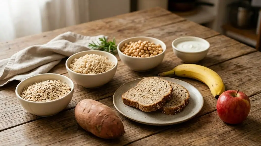 What foods contain carbohydrates? Oats, whole-grain bread, brown rice, fruit, yogurt, chickpeas, and sweet potato.