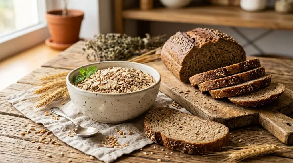 what is dietary fiber in food shown with oats whole grain bread and wheat on wooden table