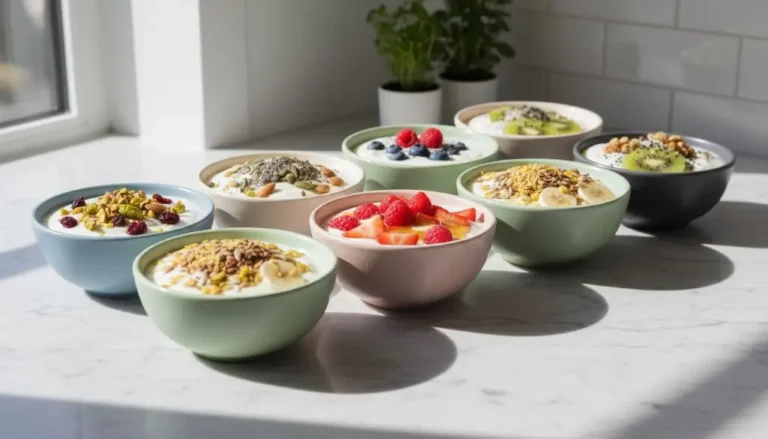 Benefits of eating yogurt everyday shown in a flat lay with fruit, nuts, and seeds for gut health and energy support