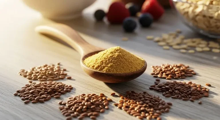 Ground flaxseed in wooden spoon showing flaxseed benefits for daily diet with oatmeal and fresh berries in soft morning light.