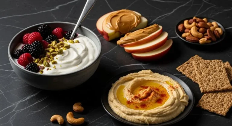 healthy snack alternatives to junk food including yogurt berries nuts and hummus in dramatic lighting