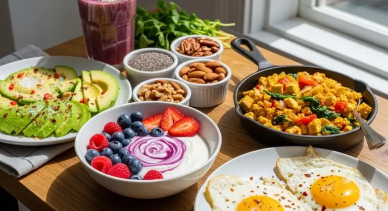 How to build High protein breakfast with eggs, Greek yogurt, tofu scramble, fruits, nuts, and chia seeds for building a balanced meal.
