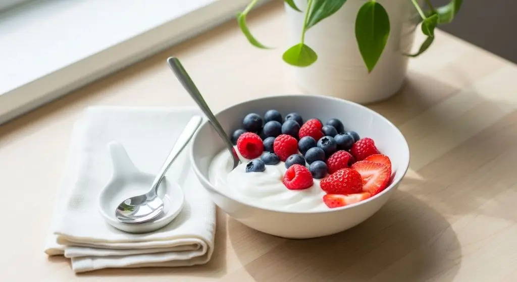 Is nonfat Greek yogurt healthy for daily use shown in a bowl with fresh berries, highlighting a simple protein-rich meal option.
