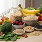 Fiber rich foods list showing fruits, vegetables, whole grains, beans, and nuts for everyday healthy meals.