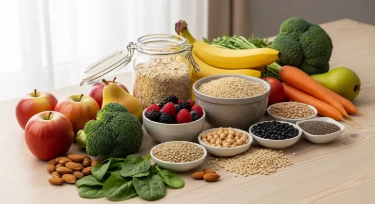 Fiber rich foods list showing fruits, vegetables, whole grains, beans, and nuts for everyday healthy meals.