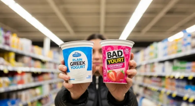 Shopper comparing plain and flavored yogurt labels in store, wondering is flavored yogurt healthy while checking sugar and protein.