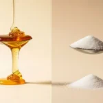 Is honey healthier than sugar comparison showing honey and sugar side by side in a clean aesthetic kitchen setup