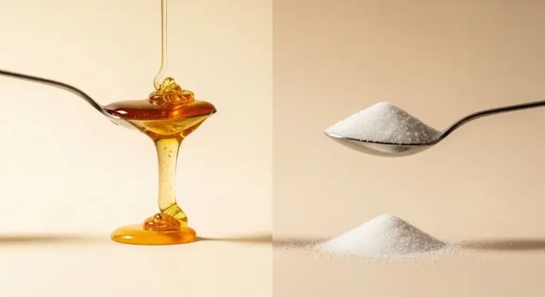 Is honey healthier than sugar comparison showing honey and sugar side by side in a clean aesthetic kitchen setup