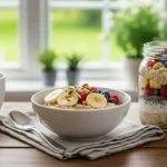Oatmeal vs overnight oats in a cozy kitchen with window view showing warm bowl and jar breakfast for easy daily choice