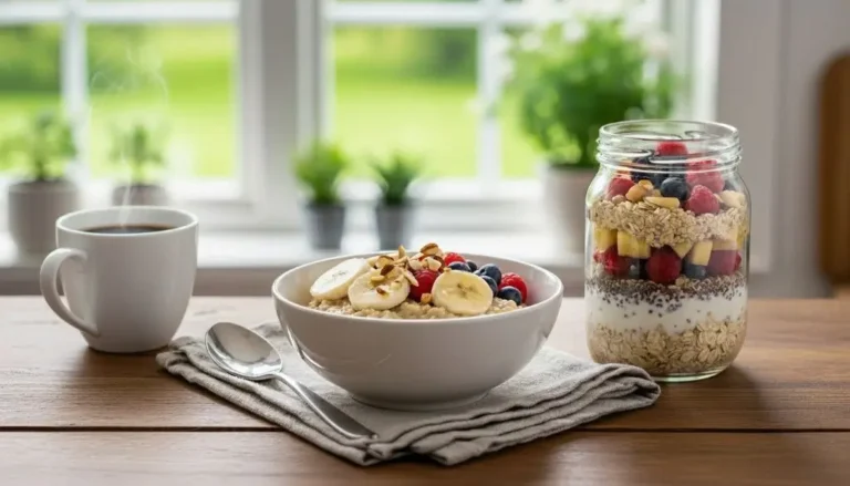 Oatmeal vs overnight oats in a cozy kitchen with window view showing warm bowl and jar breakfast for easy daily choice