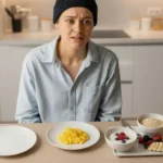 Person wondering why am I still hungry after breakfast with balanced meal showing protein and fiber foods that help stay full longer