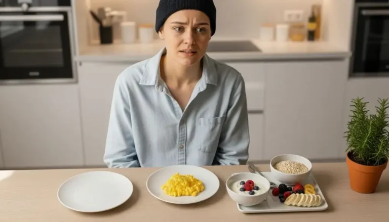 Person wondering why am I still hungry after breakfast with balanced meal showing protein and fiber foods that help stay full longer