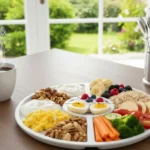 Balanced meal showing protein and fiber foods grouped together to explain why protein and fiber keep you full longer