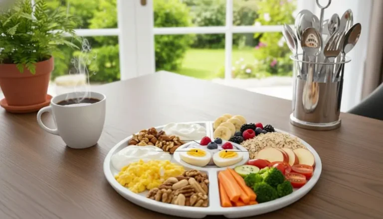 Balanced meal showing protein and fiber foods grouped together to explain why protein and fiber keep you full longer
