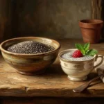 Are chia seeds healthy? Classic still life with ceramic bowl of chia seeds on rustic wooden table