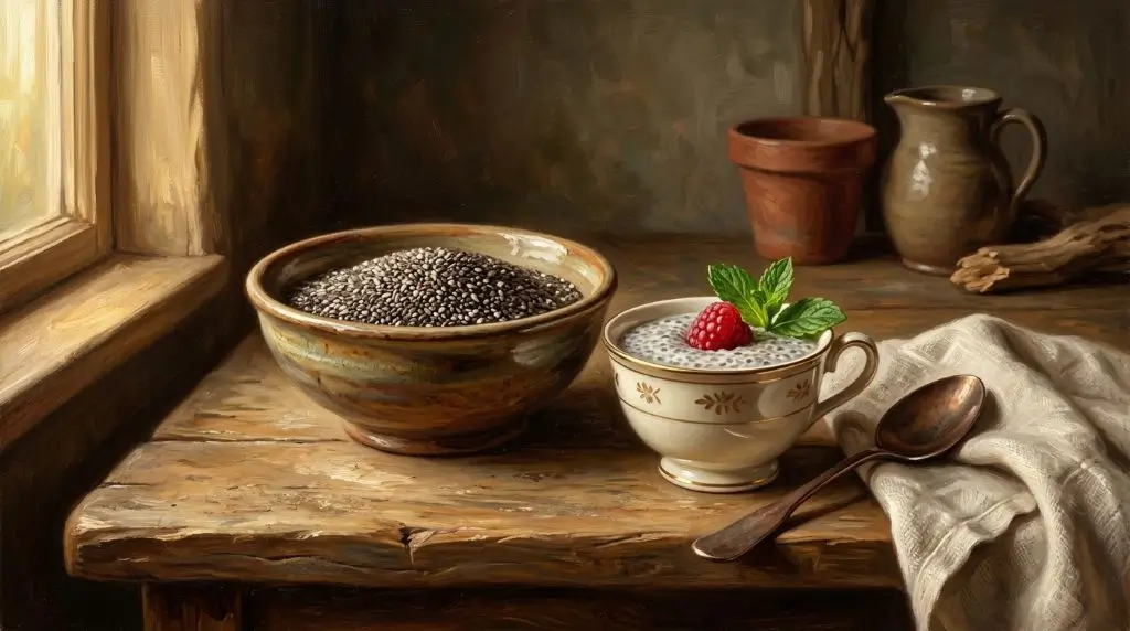Are chia seeds healthy? Classic still life with ceramic bowl of chia seeds on rustic wooden table