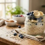 Are overnight oats healthy breakfast with oats, chia seeds, blueberries, and banana in a simple balanced jar.