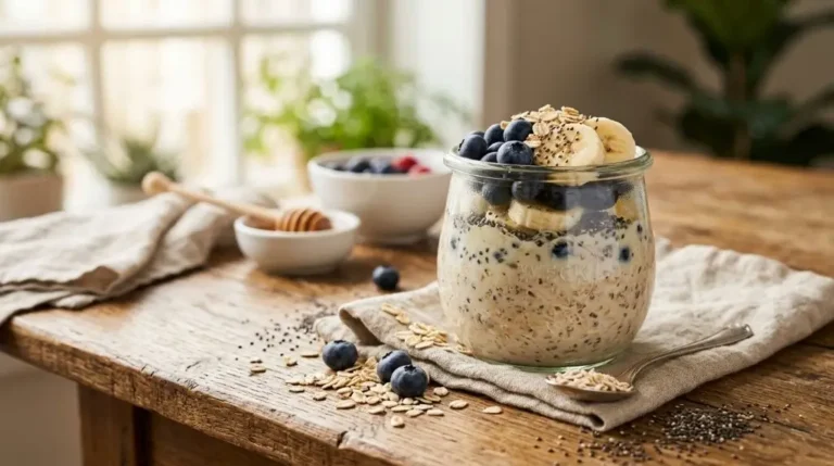 Are overnight oats healthy breakfast with oats, chia seeds, blueberries, and banana in a simple balanced jar.