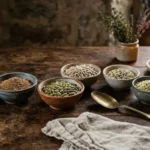 Classic arrangement of the best seeds to eat in vintage bowls on aged walnut wood