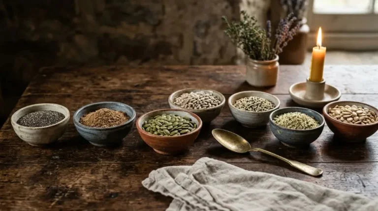Classic arrangement of the best seeds to eat in vintage bowls on aged walnut wood