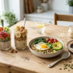 Healthy meals with oats including oatmeal bowls, overnight oats, savory oat recipes, and baked oats on table