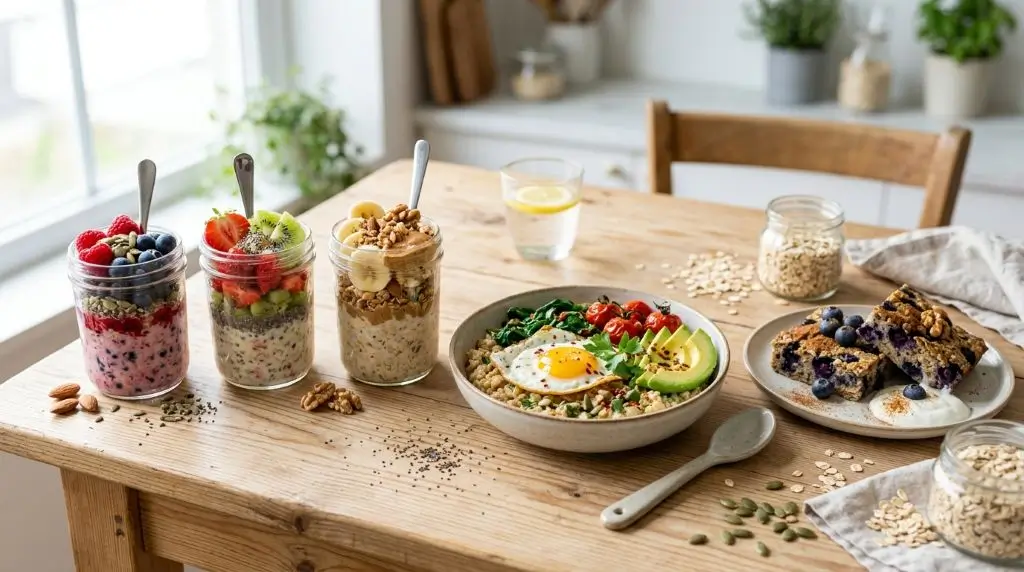 Healthy meals with oats including oatmeal bowls, overnight oats, savory oat recipes, and baked oats on table