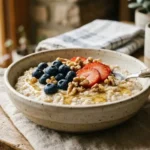 Oatmeal bowl with berries and nuts highlighting oats nutrition benefits for daily breakfast