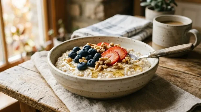 Oatmeal bowl with berries and nuts highlighting oats nutrition benefits for daily breakfast