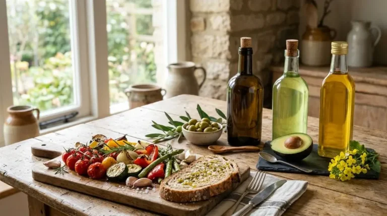 Classic display of the healthiest cooking oils with olive oil, avocado oil, and fresh ingredients for everyday home cooking.