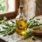 Golden olive oil in glass bottle with fresh olives and herbs, exploring is olive oil good for health