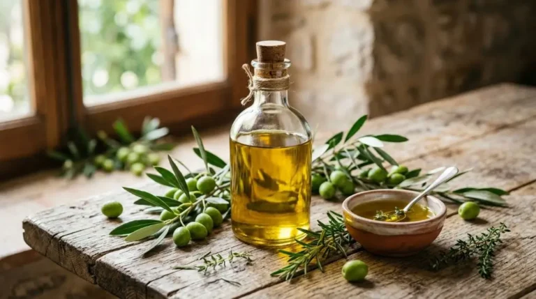 Golden olive oil in glass bottle with fresh olives and herbs, exploring is olive oil good for health