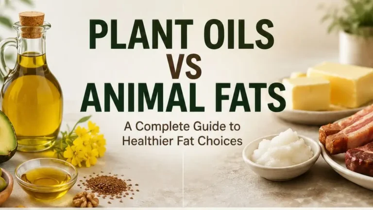 Plant oils vs animal fats displayed with healthy cooking ingredients for an everyday fats comparison