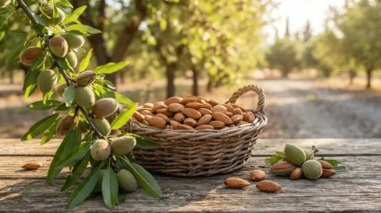 Fresh almonds growing on tree branches beside a basket of raw almonds, highlighting almonds nutrition facts and natural healthy snacking.