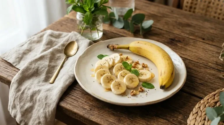Sliced banana on cream plate, wooden background, soft natural light, editorial food photography, banana nutrition facts