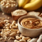 Natural peanut butter bowl with wooden spoon and peanuts on kitchen counter, showing healthy peanut butter nutrition facts