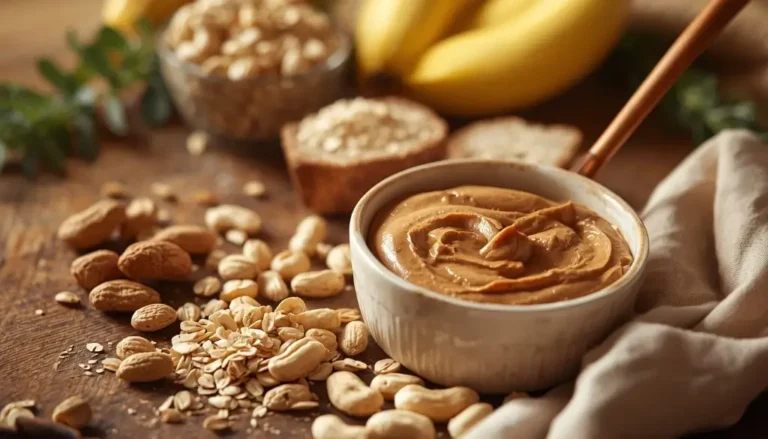 Natural peanut butter bowl with wooden spoon and peanuts on kitchen counter, showing healthy peanut butter nutrition facts