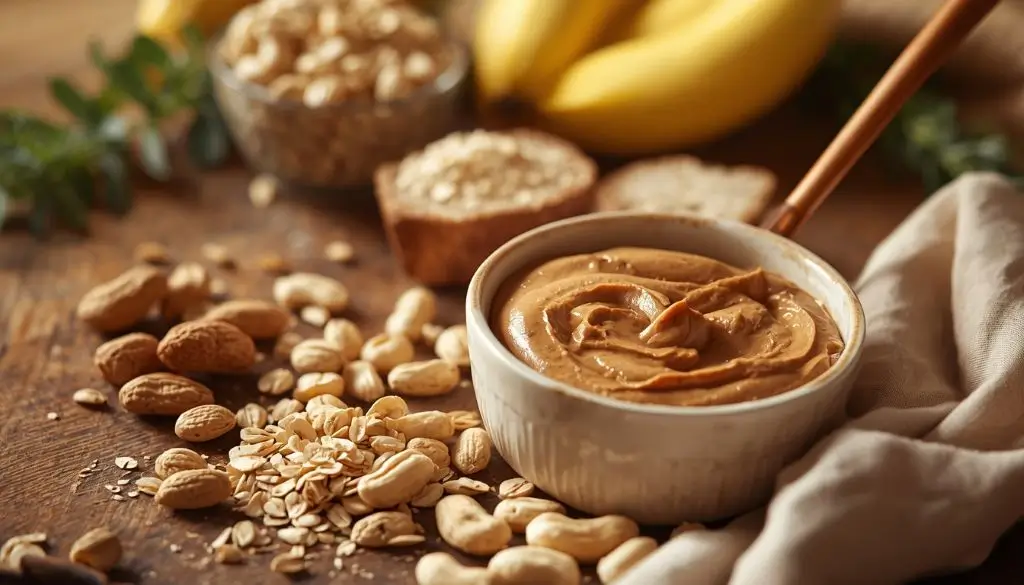 Natural peanut butter bowl with wooden spoon and peanuts on kitchen counter, showing healthy peanut butter nutrition facts
