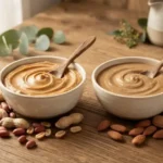 Peanut butter vs almond butter comparison showing two natural nut butters with roasted peanuts and almonds on a rustic table.