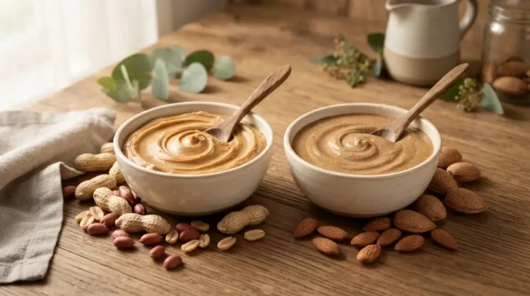 Peanut butter vs almond butter comparison showing two natural nut butters with roasted peanuts and almonds on a rustic table.