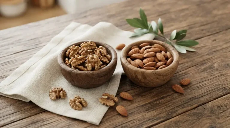 Walnuts vs almonds comparison showing raw nuts side by side for a healthy nuts comparison with natural nutrition-rich foods.