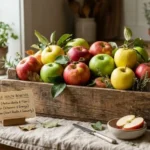 Mixed red and green apples in a wooden box showcasing apple nutrition benefits on warm wood