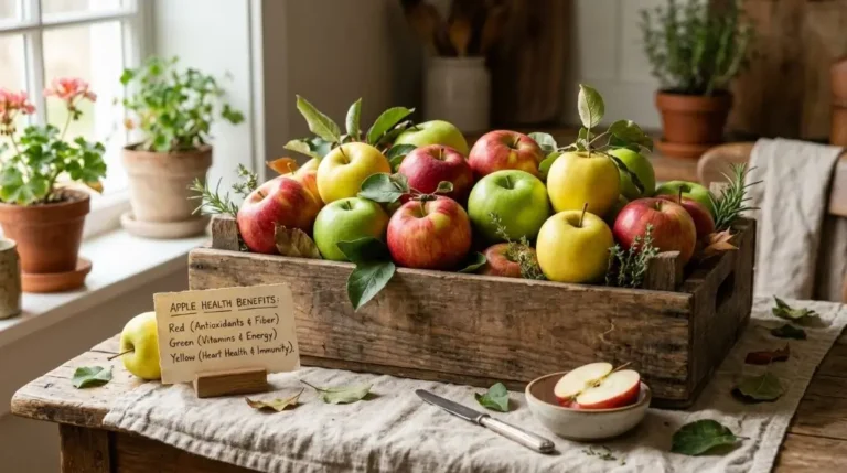 Mixed red and green apples in a wooden box showcasing apple nutrition benefits on warm wood