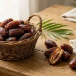Fresh dates in a rustic basket showcasing date fruit nutrition facts, fiber, vitamins, and naturally occurring sugars.