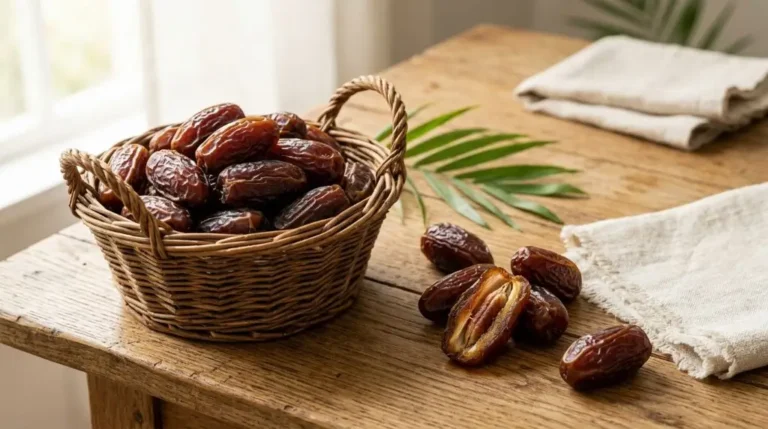 Fresh dates in a rustic basket showcasing date fruit nutrition facts, fiber, vitamins, and naturally occurring sugars.
